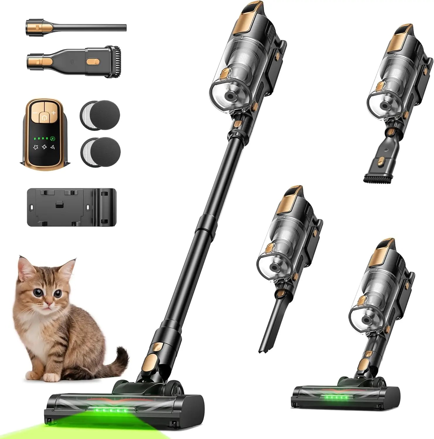 Cordless Vacuum Cleaner, 550W 45KPa 55Mins Vacuum Cleaners for Home, Powerful Stick Vacuum with Green LED Lights, Self-Standing