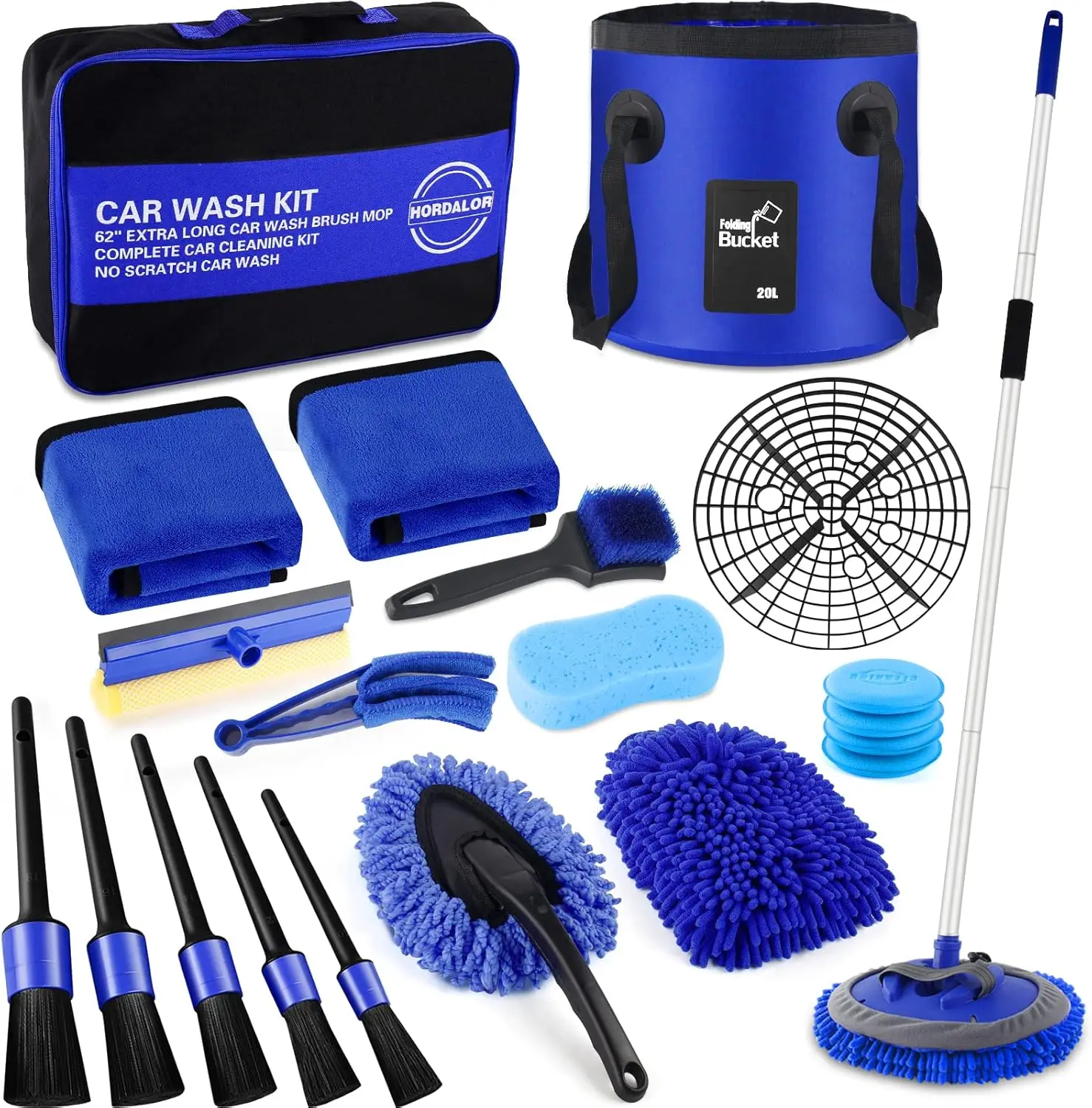 

21Pcs Car Wash Kit with Long Handle Brush, Detailing Set, Bucket Filter and Squeegee for Vehicles