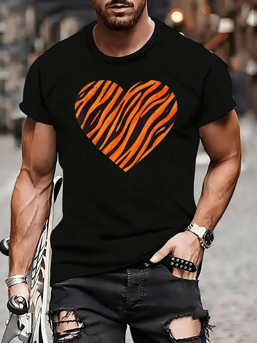 1 Pcs Men's Funny Cool Tiger Stripes For Animal Lover Heart Pattern Graphic Short Sleeve Tee Outdoor 100% Cotton Trendy Y2K