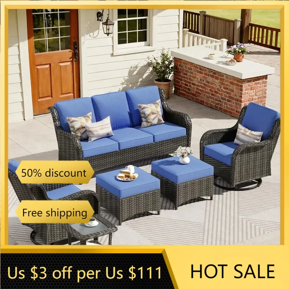 

Patio Furniture Set, 6 Piece Outdoor Wicker High Back Sofa with Swivel Rocking Chairs, Ottomans, Comfy Cushions