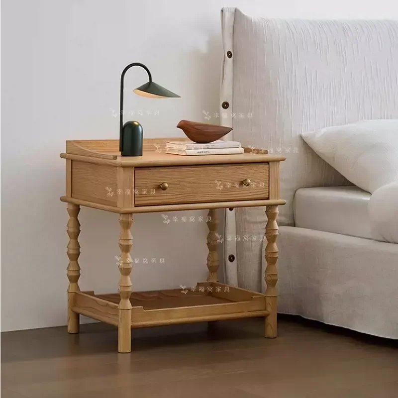 Log Color Solid Wood Bedside Table Roman Column Sofa Side Table American Retro Bedroom Nightstand Storage Cabinet