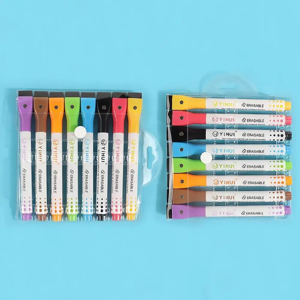 Rotuladores borrables de punta fina, marcadores de pizarra magnética vívida, diseño de cepillo plano, bolígrafos de borrado de secado rápido para suministros de oficina, paquete de 8