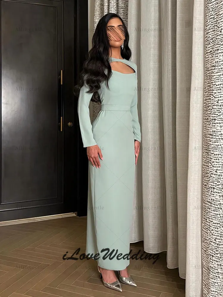 Robe de soirée élégante en Satin bleu bébé, longueur cheville, gaine, manches longues, robes de bal pour femmes, robes de fête de mariage personnalisées