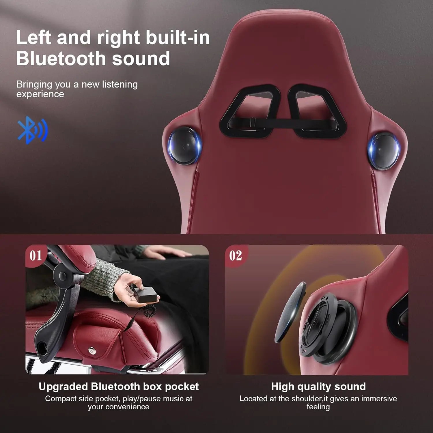 Computer chair with foot pedal and Bluetooth speaker, ergonomic gaming chair with high backrest, Winered