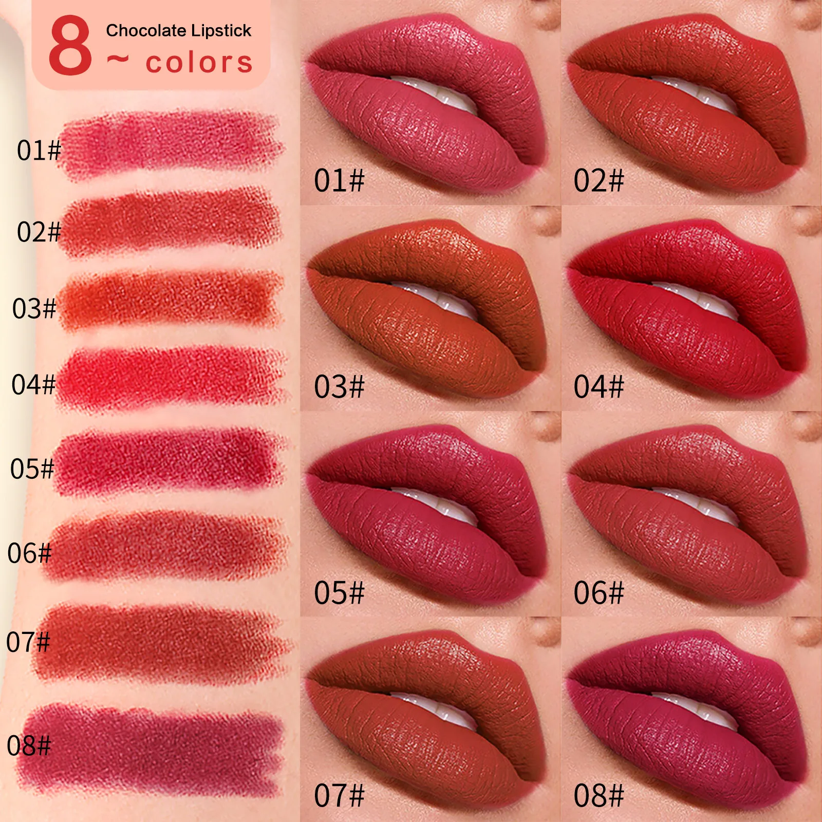 Đáng Yêu Socola Velvet Lipstick 8 Màu Matte Bộ Mịn Chống Thấm Nước Sắc Tố Bền Dễ Mặc Mượt Trang Điểm