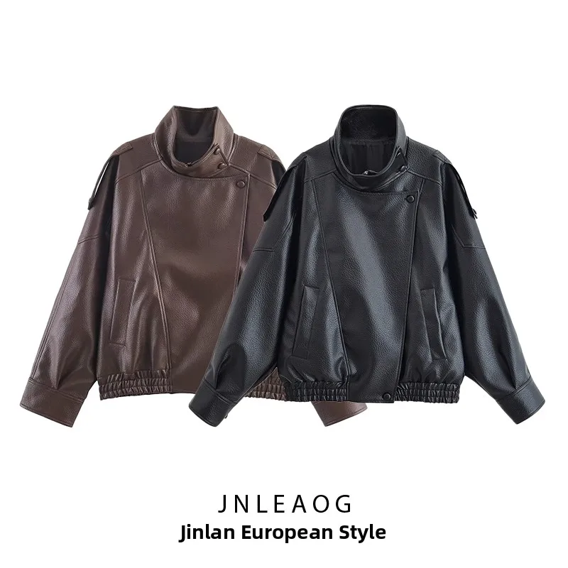 

JNLEAOG женская модная кожаная куртка с узором личи, осенняя новинка, универсальная теплая полиэстеровая длинная застежка на пуговицы