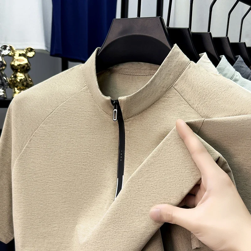 Mens Heather Melange Raglan Half Zip Mandarin Stand Collar Short Sleeve Henley T Shirts Stretch Breathable Casual Summer Tops
