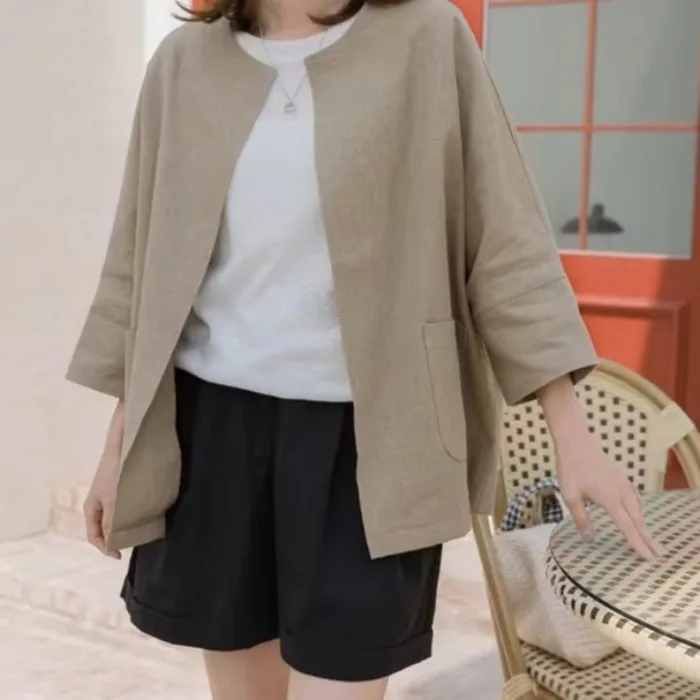 

Шикарный повседневный свободный удобный тонкий хлопковый льняной топ женский Seven Sve с защитой от солнца, круглый верхняя одежда Ne ort