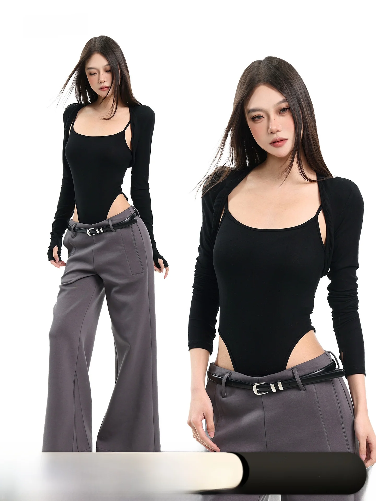 

Черный облегающий топ с длинным рукавом и вырезом U-образной формы, сексуальный, для дерзких девушек, с открытыми плечами, комплект из двух предметов, женская футболка