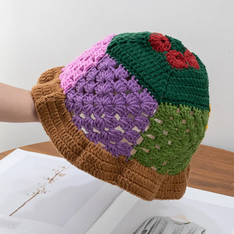 New Hollow Multicolor Crochet Bucket Hat Women Autumn Winter Fashion Brand Knitted Sun Hats Sun Protection Foldable Panama Cap