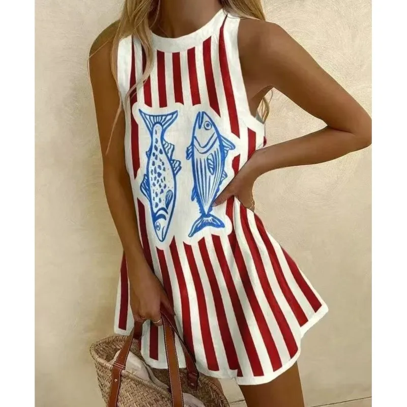 2025 New Casual Fish-printed Mini Dresses Round Neck Sleeveless Loose A-line Dress Sea Beach Vacation Sundress Women's Clothing
