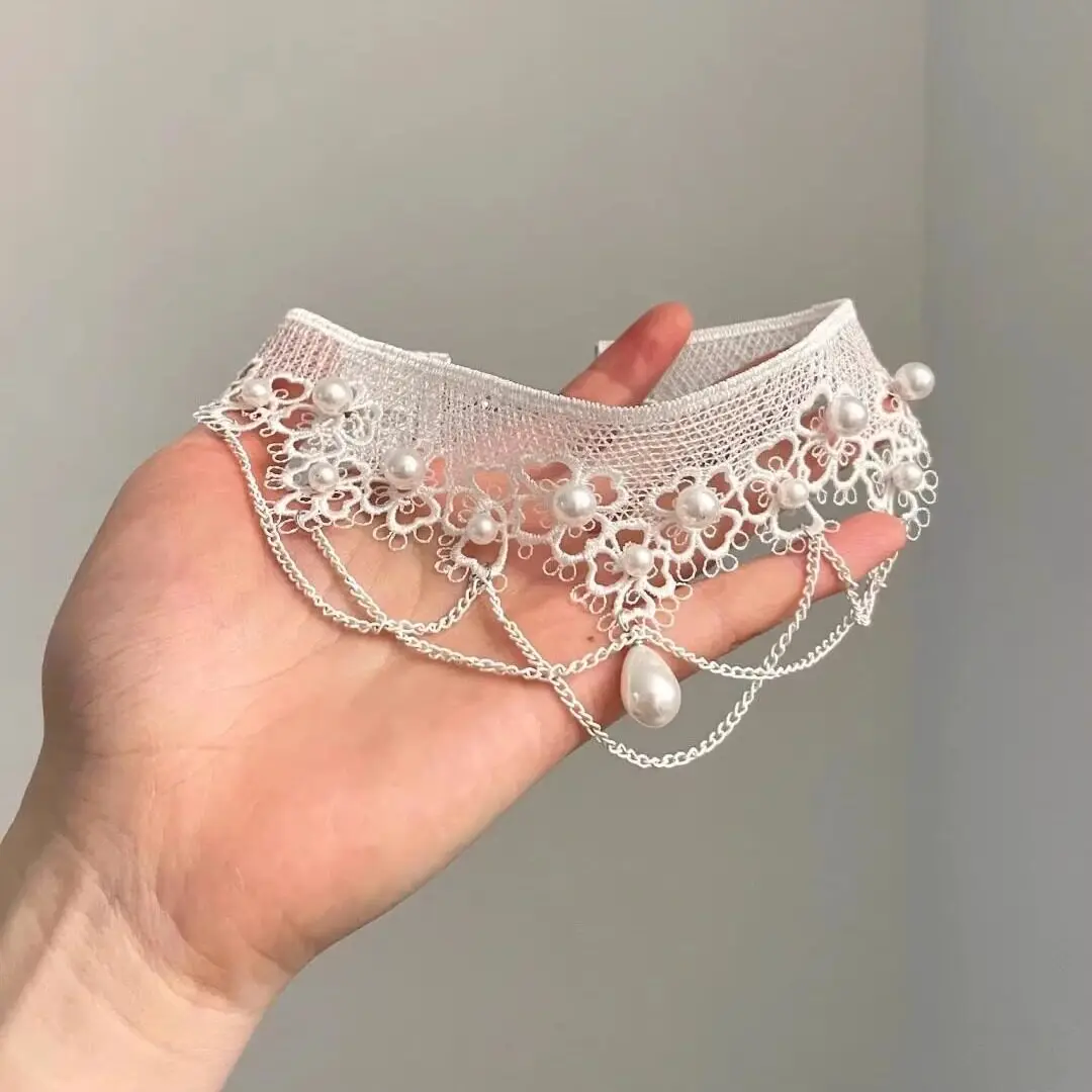Court Style Lolita Lace Pearl Fringed Necklace European and American Style Light Luxury Niche Collarbone Chain Choker Neck Chain