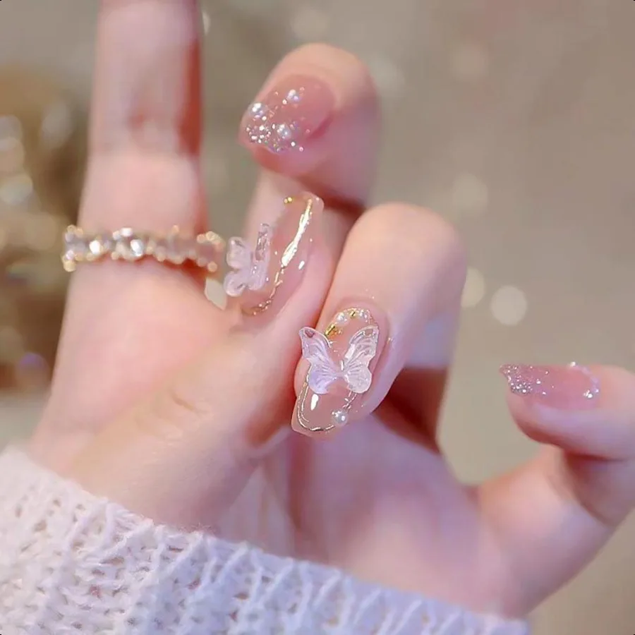 

Розовые ногти Pr on Nails Средние накладные ногти Глянцевые ногти в форме гроба для женщин с дизайном бабочек