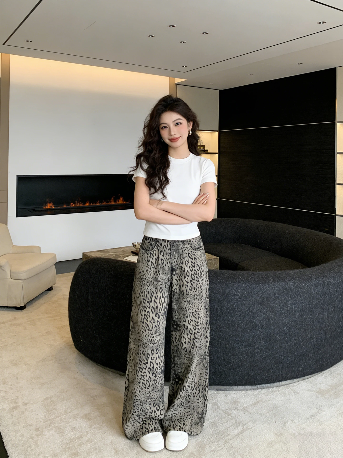 

Spring 2026 New plus Size Floor-Length Leopard Print Denim Pants High Waist Wide Leg Casual Breathable Women's Faion