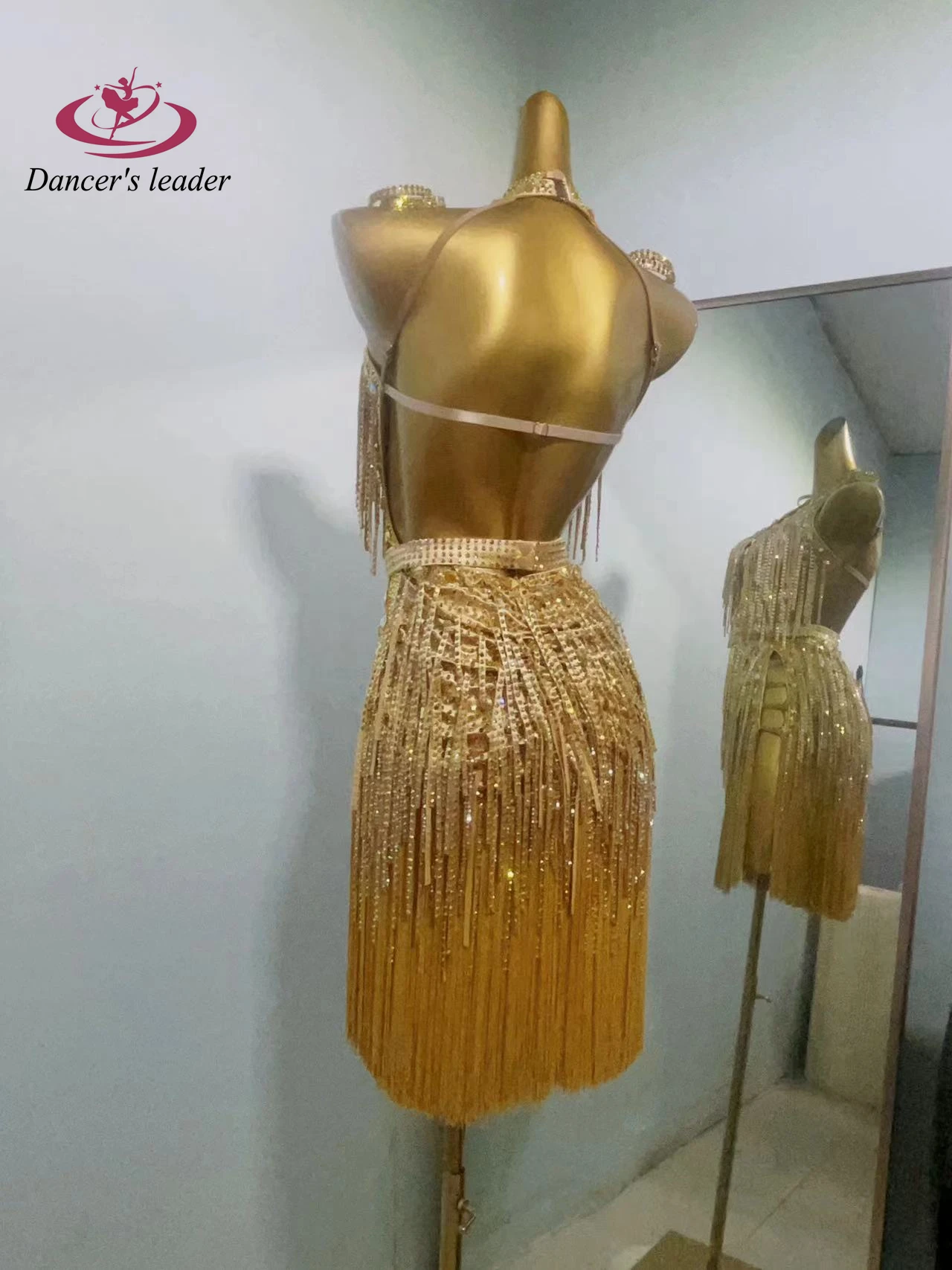 Lateinischer Tanzwettbewerb Damen High-End Custom Golden Diamond Strip Quaste Abendkleid Samba Performance Strasskleid