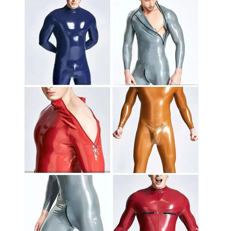 Metal colored latex catsuit Bodysuit for men and women sexy tight fitting rubber fetishism latex catsuits Multiple zipper method