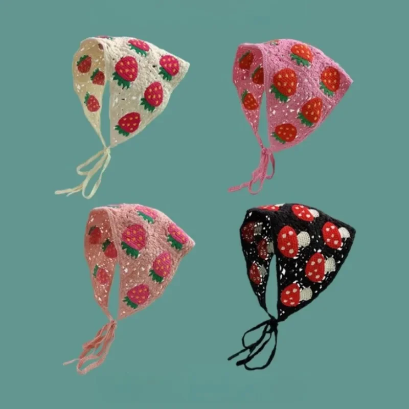 Korean Sweet Cute Strawberry Handmade Crochet Triangle Headband Towel Women Spring and Summer Travel Literary Photo Bandana