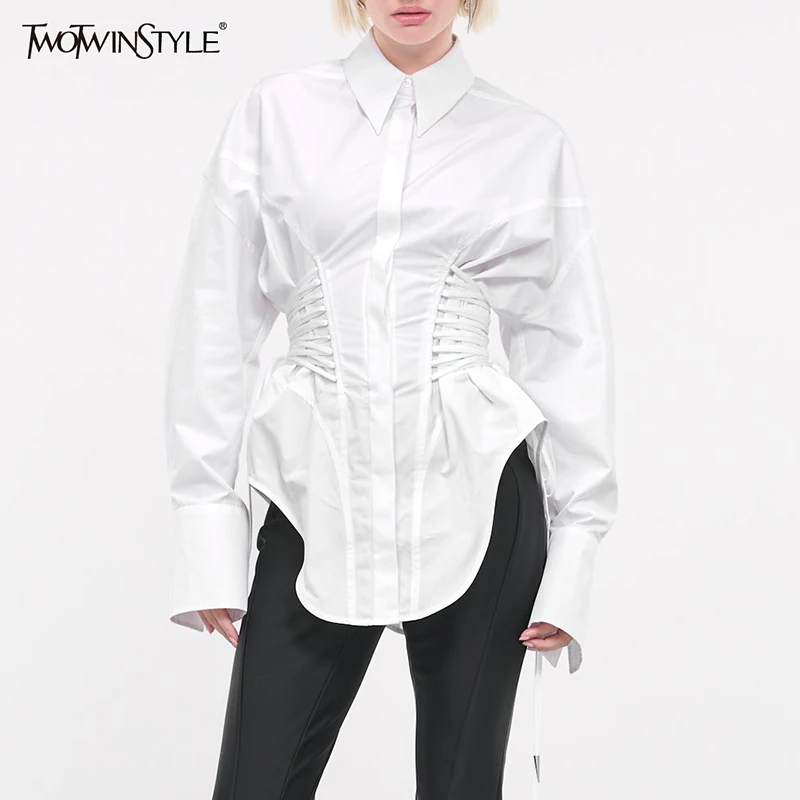 TWOTWINSTYLE Solid Spliced Lace Up T Shirts for Women Lapel Long Sleeve Patchwork Single Breasted Fashion Top Female Clothing