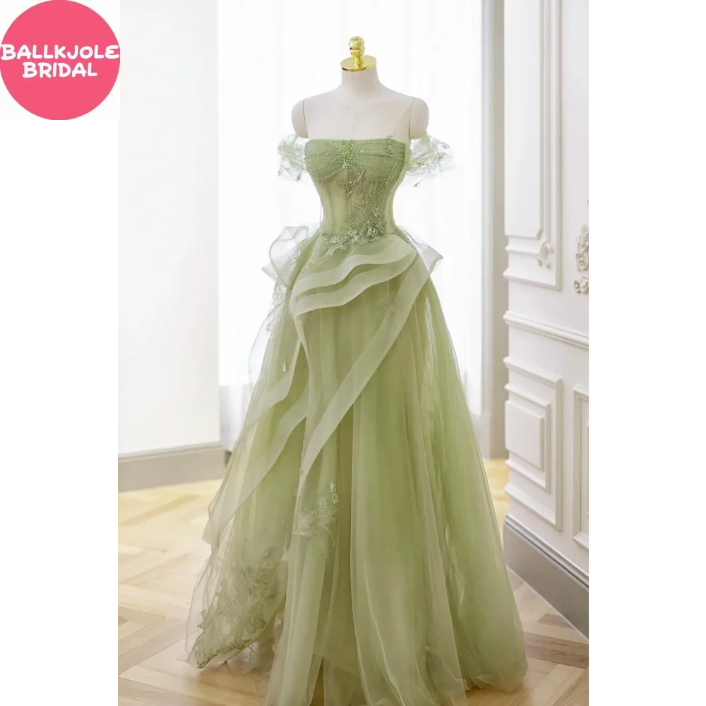 Green Tulle Lace Long Prom Dress with Corset, Green Formal Party Dress