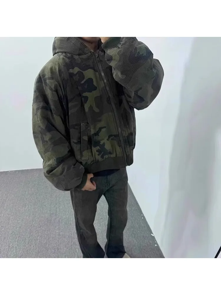 

American Retro Camouflage Hooded Jaet Thiened Warm Cotton Coat Youth Faion Winter Outerwear Cleanfit Trendy Brand