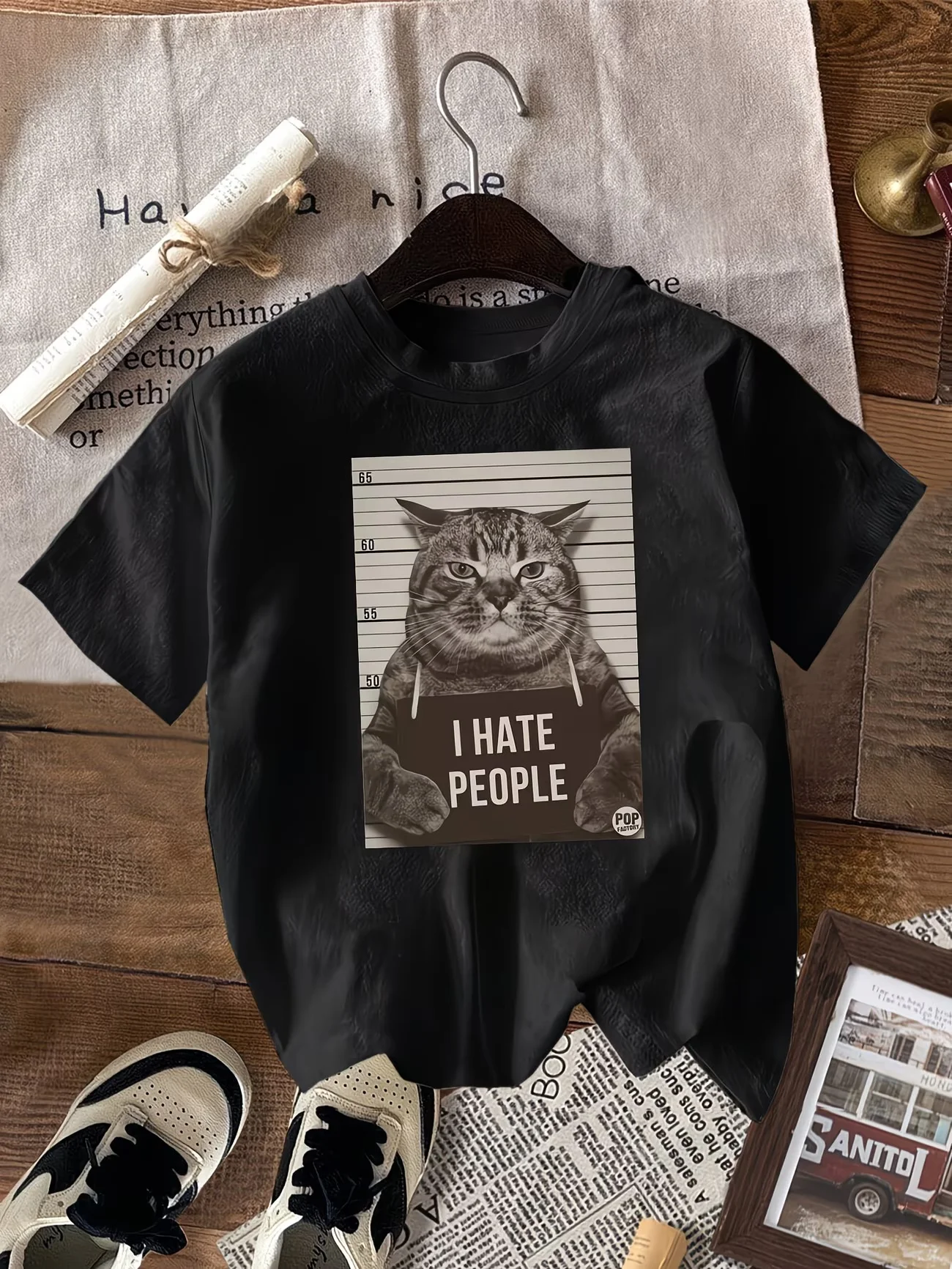 New Fashion Cat Emoticon Funny Prison Style Casual Party Women'S Black T-Shirt