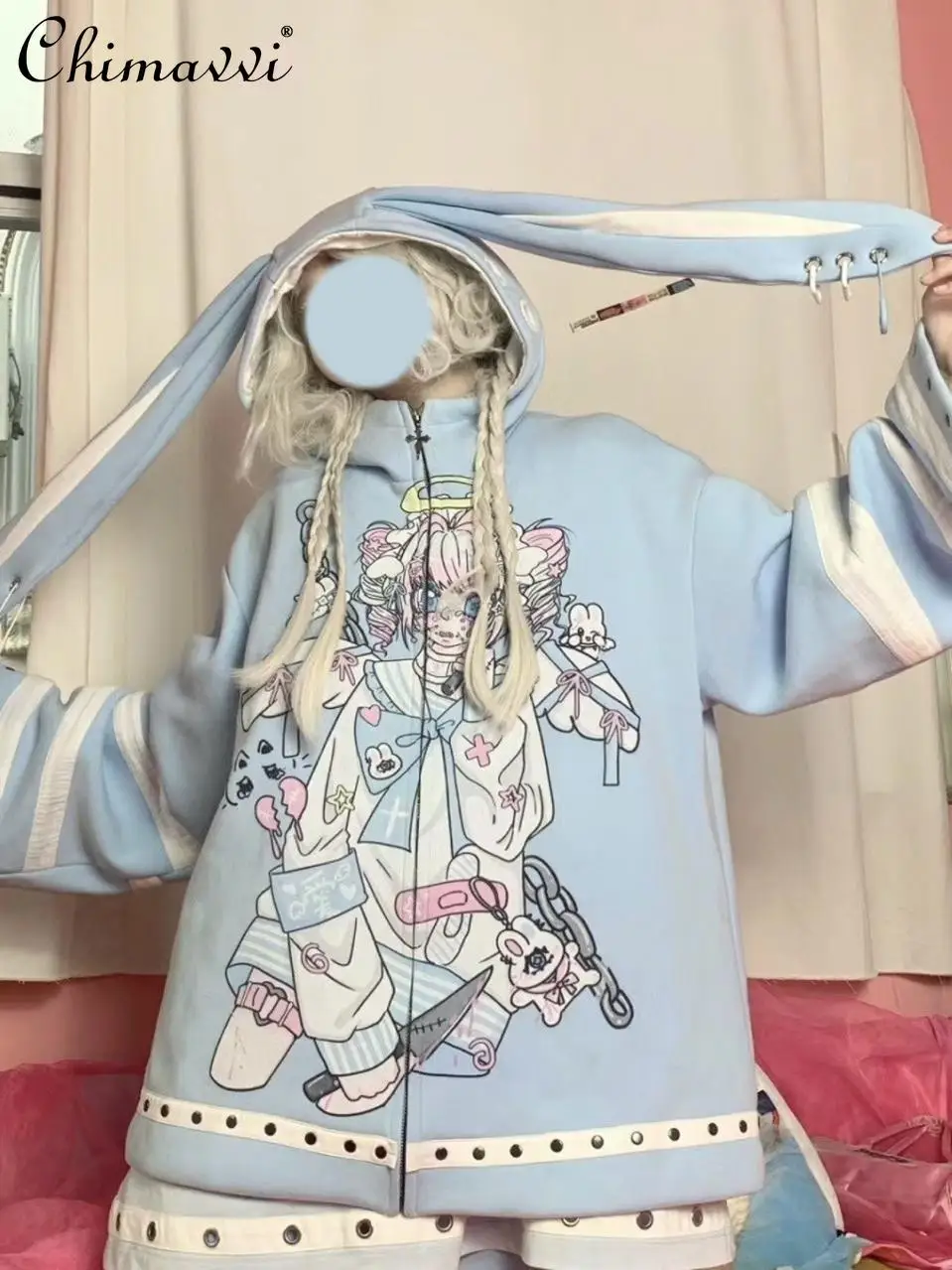 

Subculture Y2k Two-dimensional Water Color Mine Series Animation Fleece Jacket Winter Cute Rabbit Ears Hooded Sweatshirts Coat