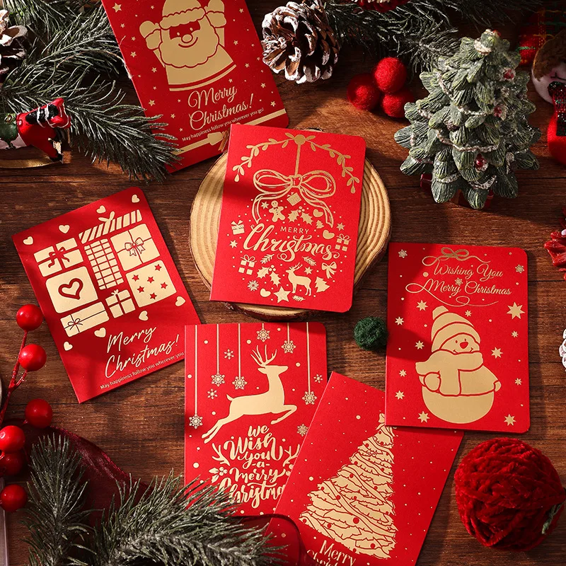 6 pçs/set vermelho cartões de natal com folha de ouro árvore de natal santa veados cartões de férias para presente de ano novo, família, amigos