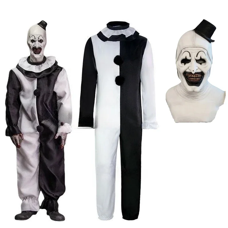 Art The Clown Cosplay Kostüm aus dem Film Terrifier 2, Overall mit Maske, Halloween-Kostüm für Männer und Frauen