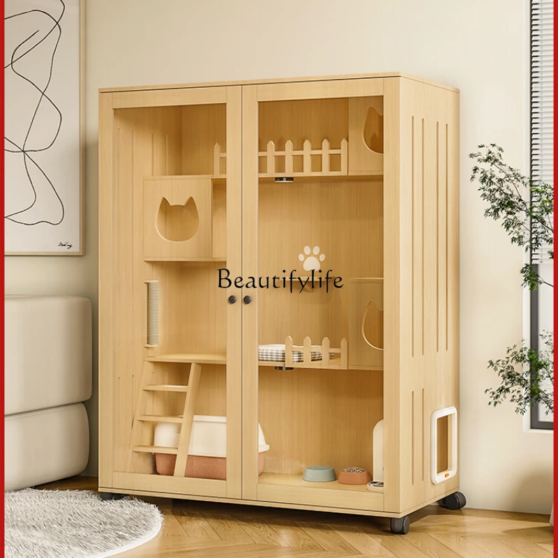 

ld14 Cat Cage Home Panoramic Cat Cabinet Wooden Indoor Luxury Closed