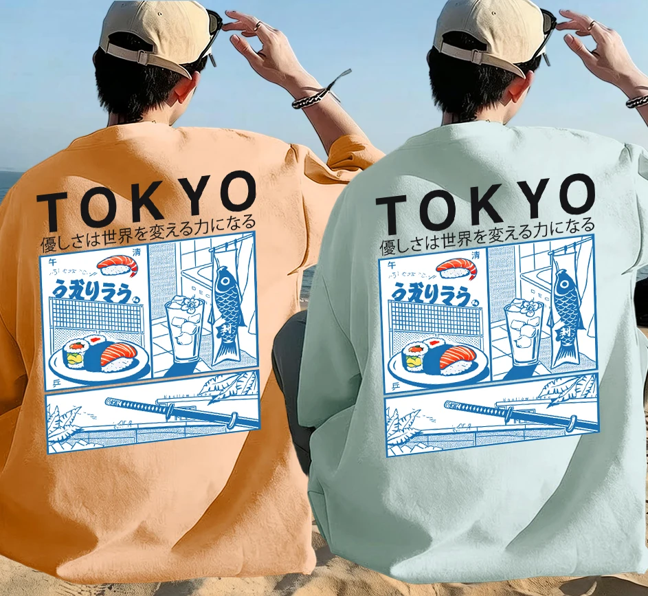 

Sushi In Tokyo Is Very Fresh Design Cotton Summer Breathable Short Sleeve Set Man Fashion Street Tee Shirts Loose Sport Clothes