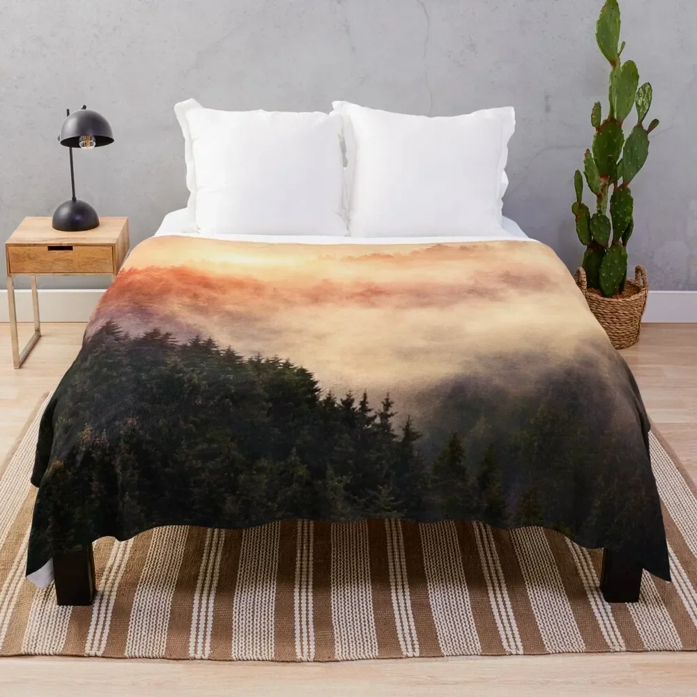 

In My Other World // Sunrise In A Romantic Misty Foggy Autumn Fairytale Wilderness Forest With Trees Covered In Fo Throw Blanket