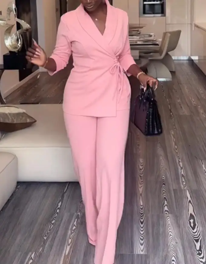 

Two Piece Set Women Outfit New Overlap Shawl Collar Lace-Up Side Cinched Waist Blazer & Elegant High Waist Wide Leg Pants Set