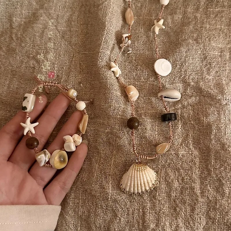 Necklace Handmade Faux Natural Stone Shell Women Spring Summer Beach Vacation Boho Bohemian Clavicle Chain Accessory