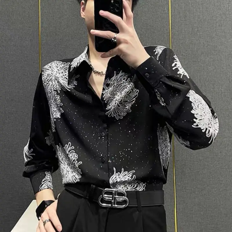 Autumn New Personalized Starry Print Long Sleeved Shirt for Men Trendy and Fashionable Design Button Down Casual Shirt