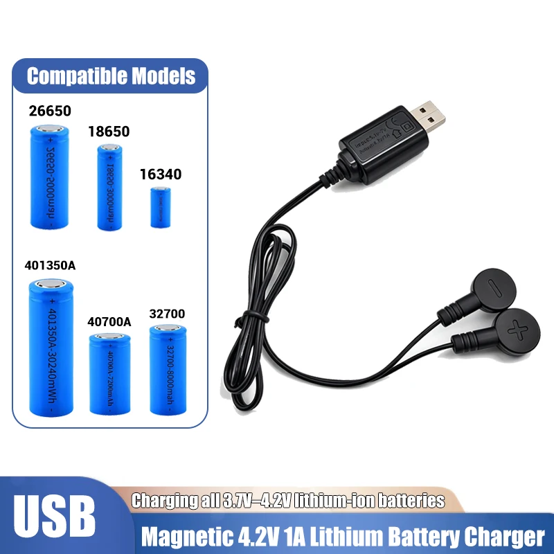 USB Magnetic 4.2V 1A Lithium Battery Charger Smart Fast Charging Cable for 18650 21700 26650 46800 3.7V Ternary Lithium Battery