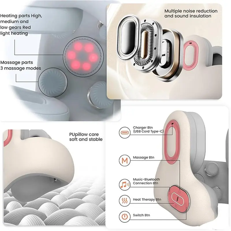 MLGB-Airplane Neck Pillow 3In1 For Travel With Bluetooth Noise-Canceling Headset, Heated Neck Massager, Memory Foam