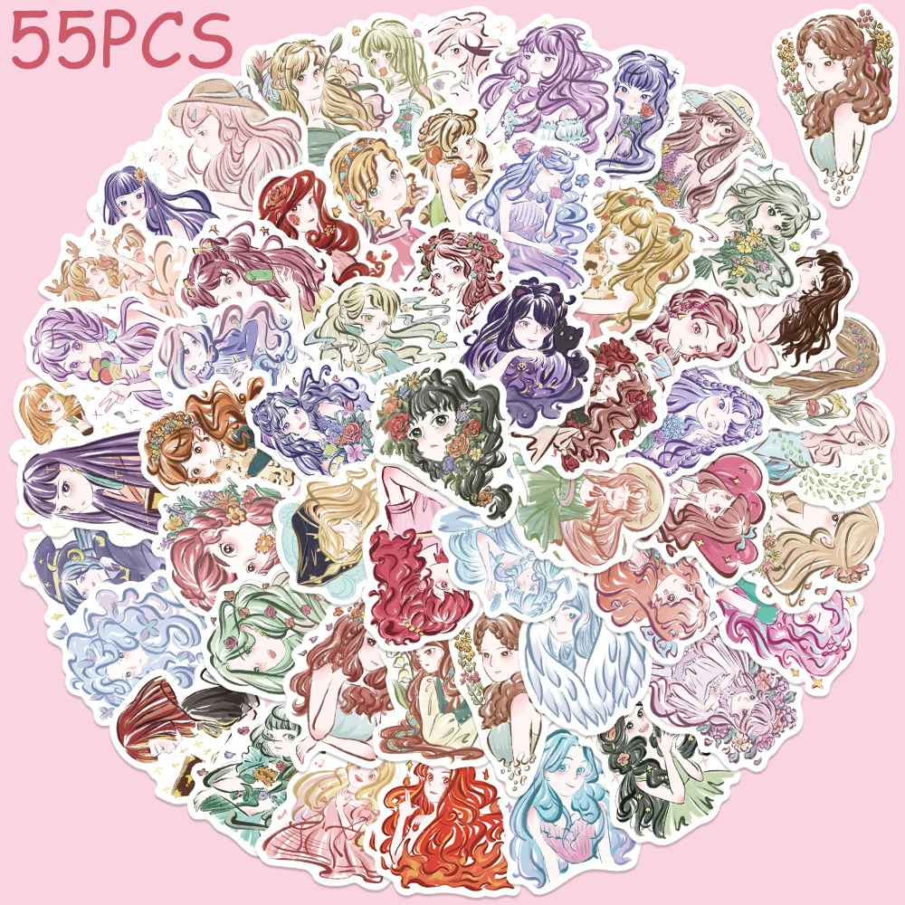 55pcs Anime Girl Illustration Stickers Decals For Phone Laptop Luggage Skateboard Scrapbook Aesthetic Stickers Girls Gifts