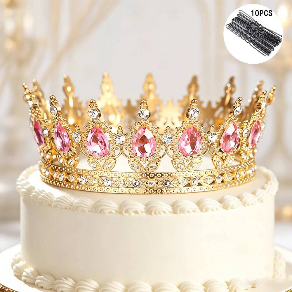 Full Round Crown Rhinestone Princess Tiara with 10Pcs Bobby Pins Luxury Headpiece Wedding Birthday Cake Decor Pageant Party view 5