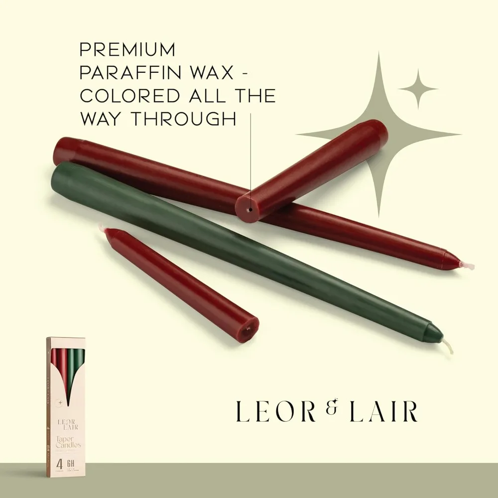 Velas cônicas de Natal de 10” – Conjunto de 4 castiçais altos vermelhos e verdes – Velas de mesa de férias de queima longa para o advento