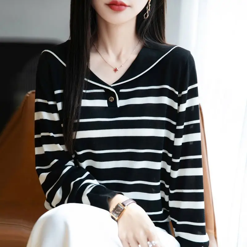

Tiansi Navy Lapel Striped Sweater for Women in Spring and Autumn New Age-reducing Versatile Long-sleeved Top