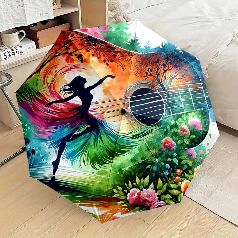 Colorful Dancing Silhouette with Floral Guitar Design Compact Fashion Folding Umbrella for Daily Use, Christmas Gift