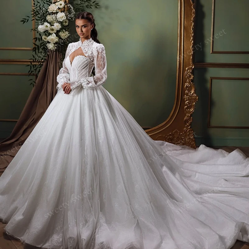 High-Neck Wedding Dress Organza With Embroidery Princess Ball Gown Full Sleeve Customized Bridal Dress Button Vestido De Novia
