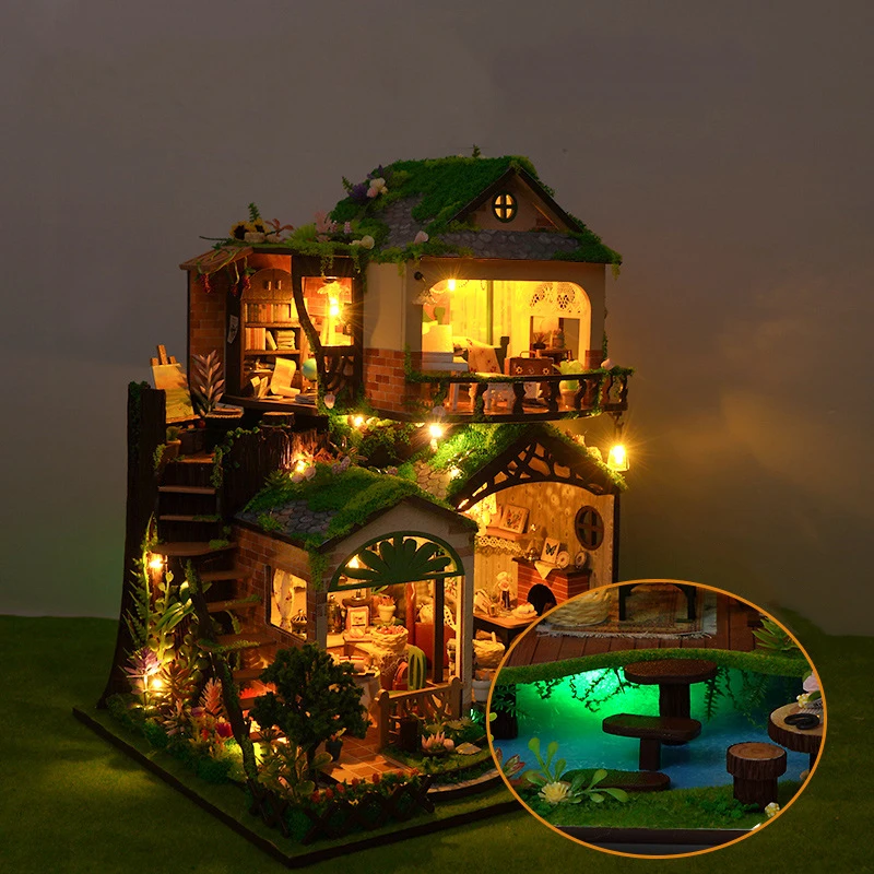 Nieuwe Sprookje Bos Villa Houten Poppenhuis Miniatuur met Meubels Kit DIY Monteren Model Speelgoed Kind Volwassen Kerstcadeau Casa