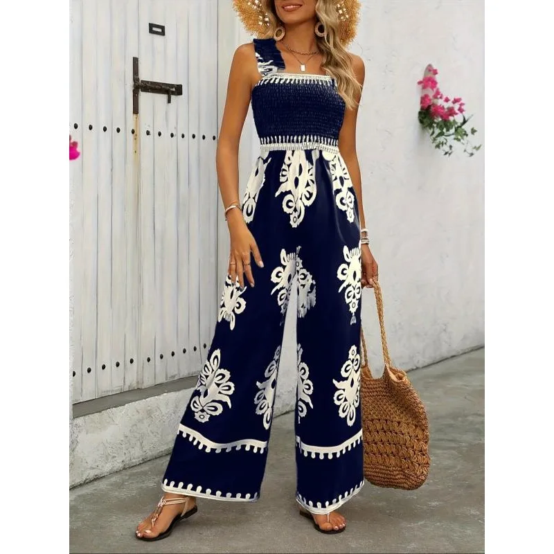 

Женские шикарные комбинезоны без рукавов с квадратным вырезом и графическим принтом больших размеров, широкие отпускные комбинезоны для женщин