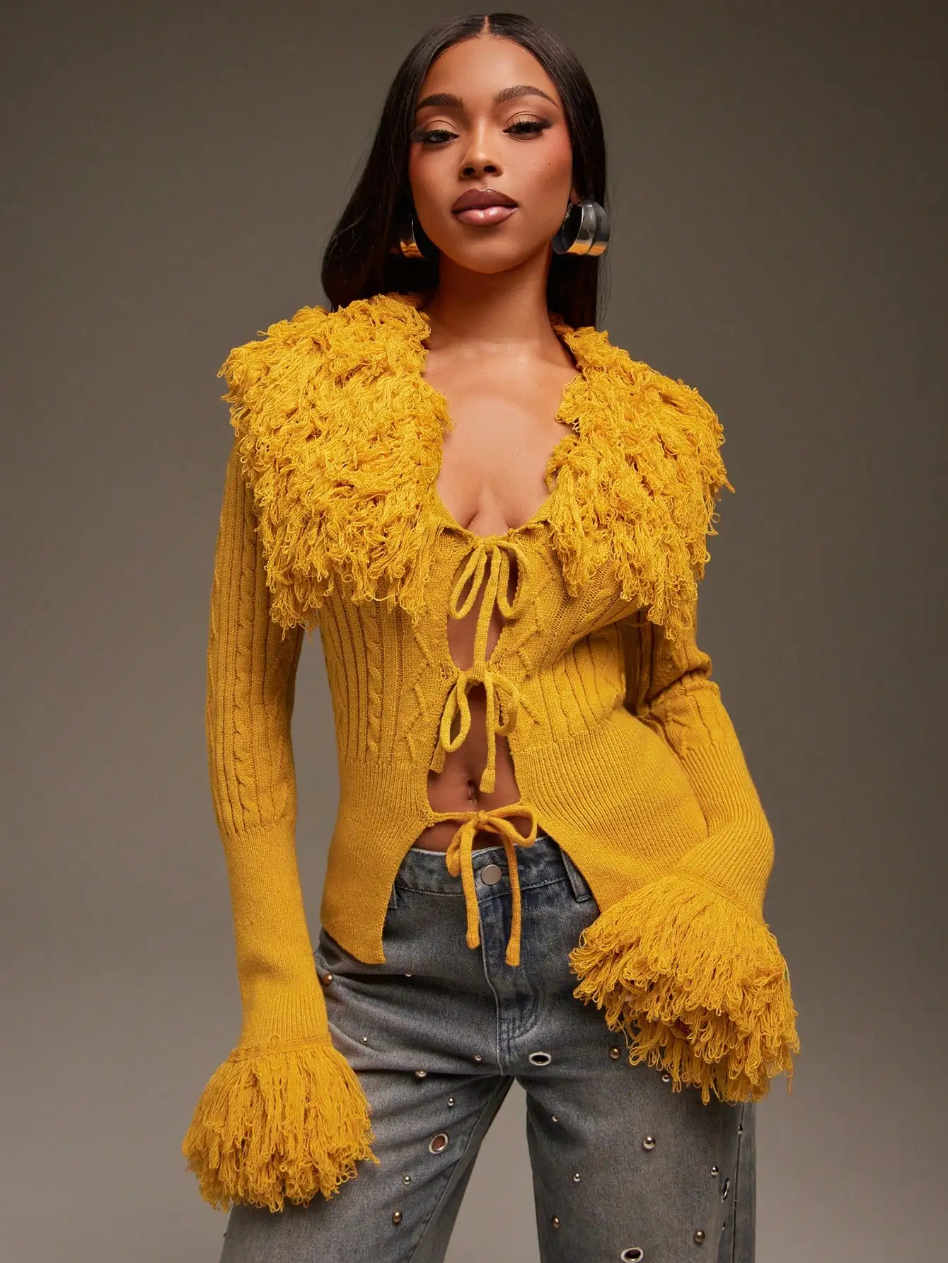 

Yellow Fringe Detail Open Front Knit Cardigan for Fall Winter Fashion