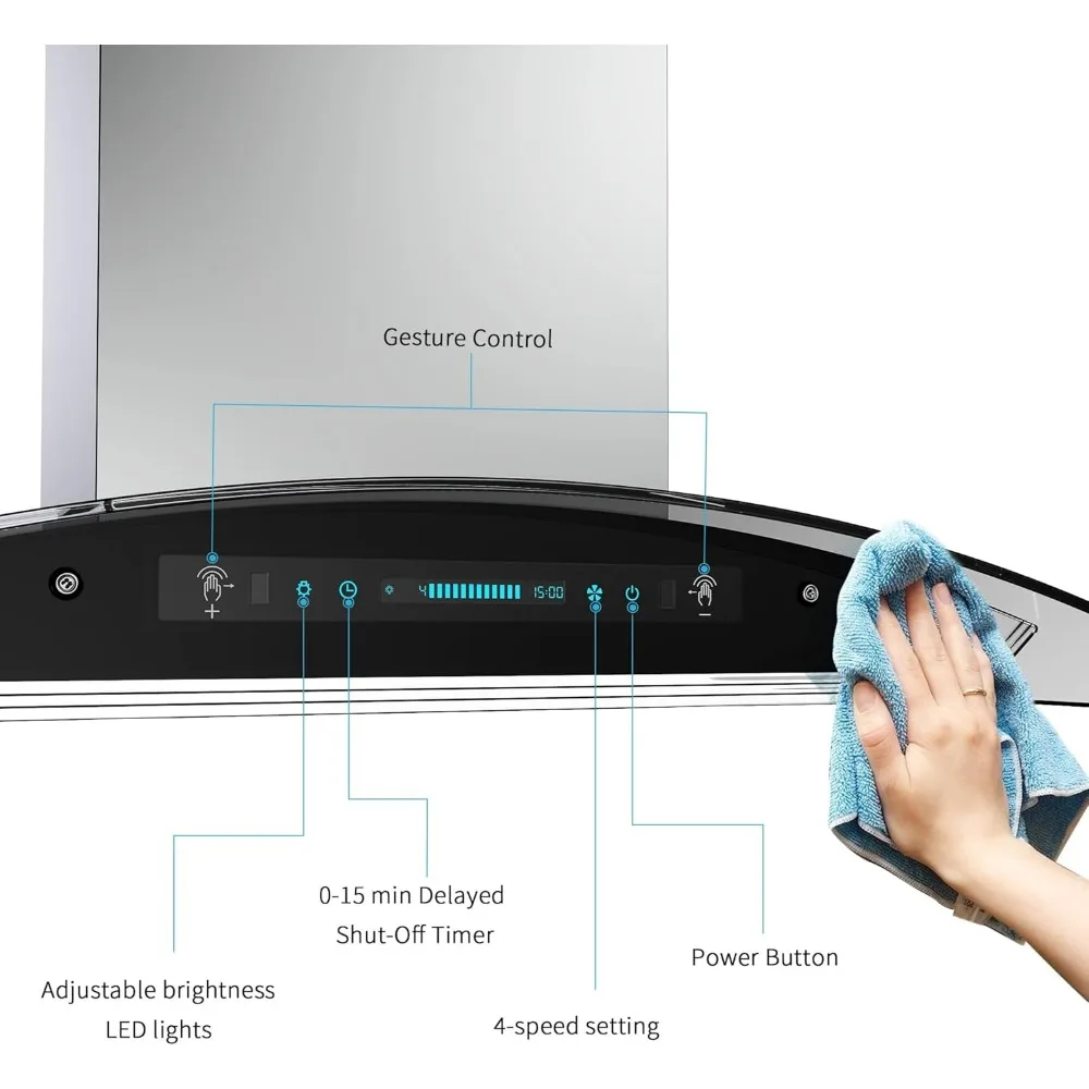 Cappa aspirante canalizzata da 36 "con ventola a 4 velocità, acciaio inossidabile e vetro temperato con rilevamento dei gesti e controllo Touch