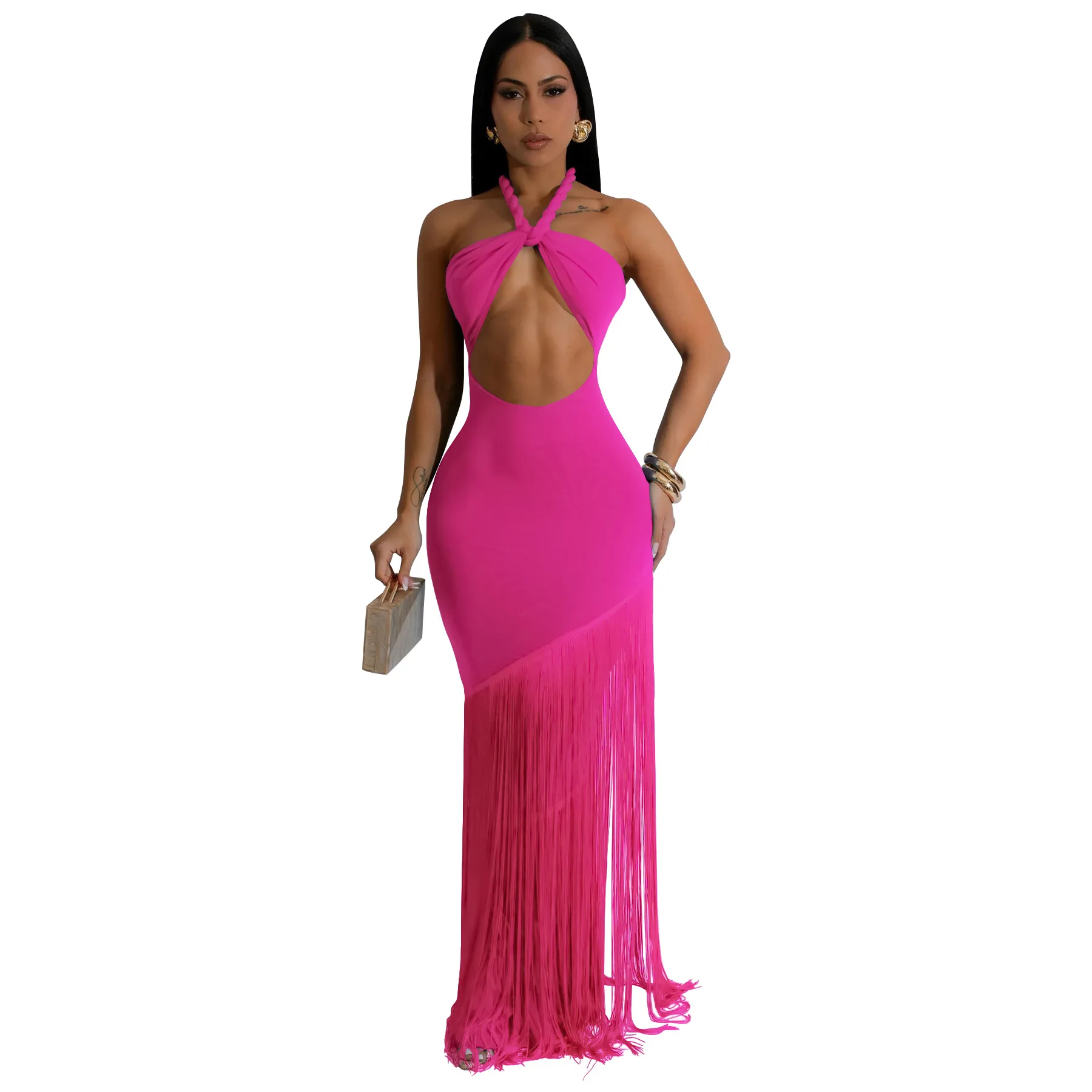 

Dashiki African Dresses for Women Summer Sexy African Sleeveless Tassel Polyester Solid Color Long Maxi Bodycon Dress Gowns