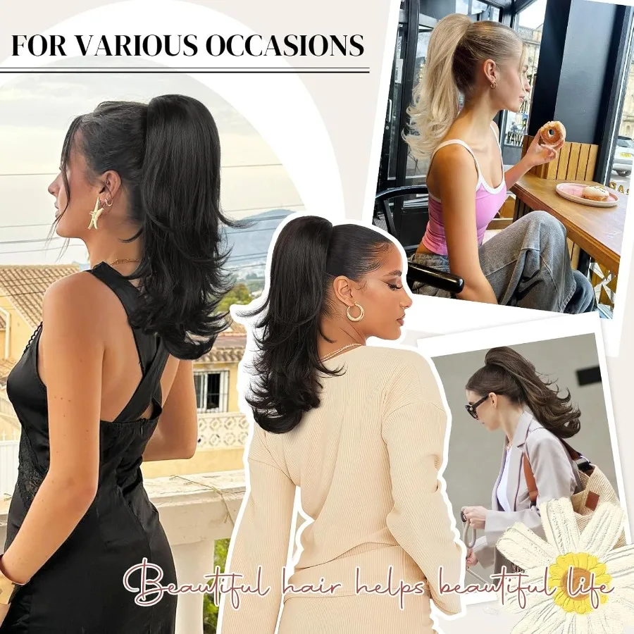 여성용 18인치 레이어드 웨이브 포니테일 헤어 익스텐션, 자연스러운 드로스트링 합성 헤어피스 (딥 브라운 및 블론드 톤)