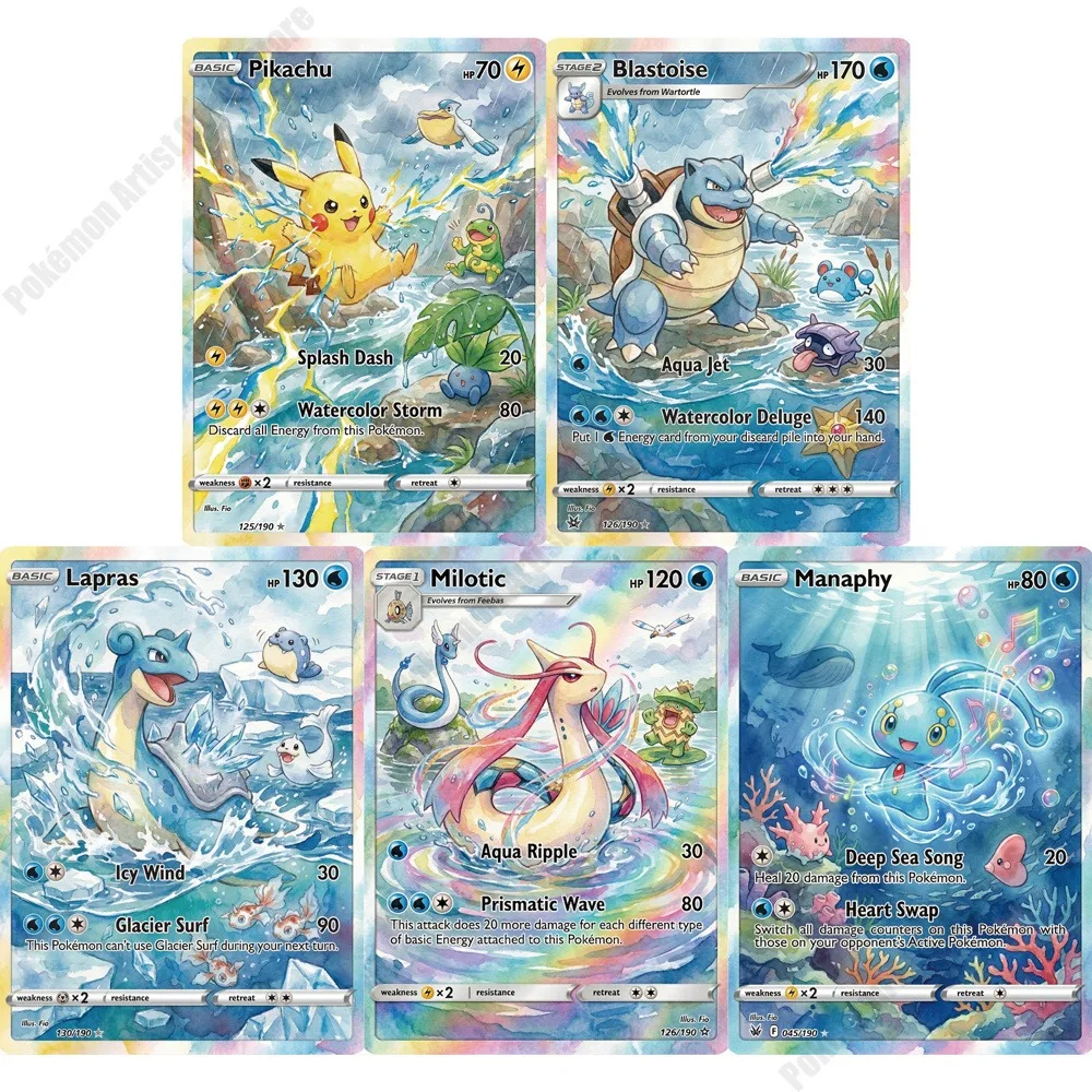 

5Pcs Pokemon Cards Watercolour Style Blastoise Lapras Milotic Manaphy Rare Holo PTCG Cards Game Collection Cards Pokemon Gift