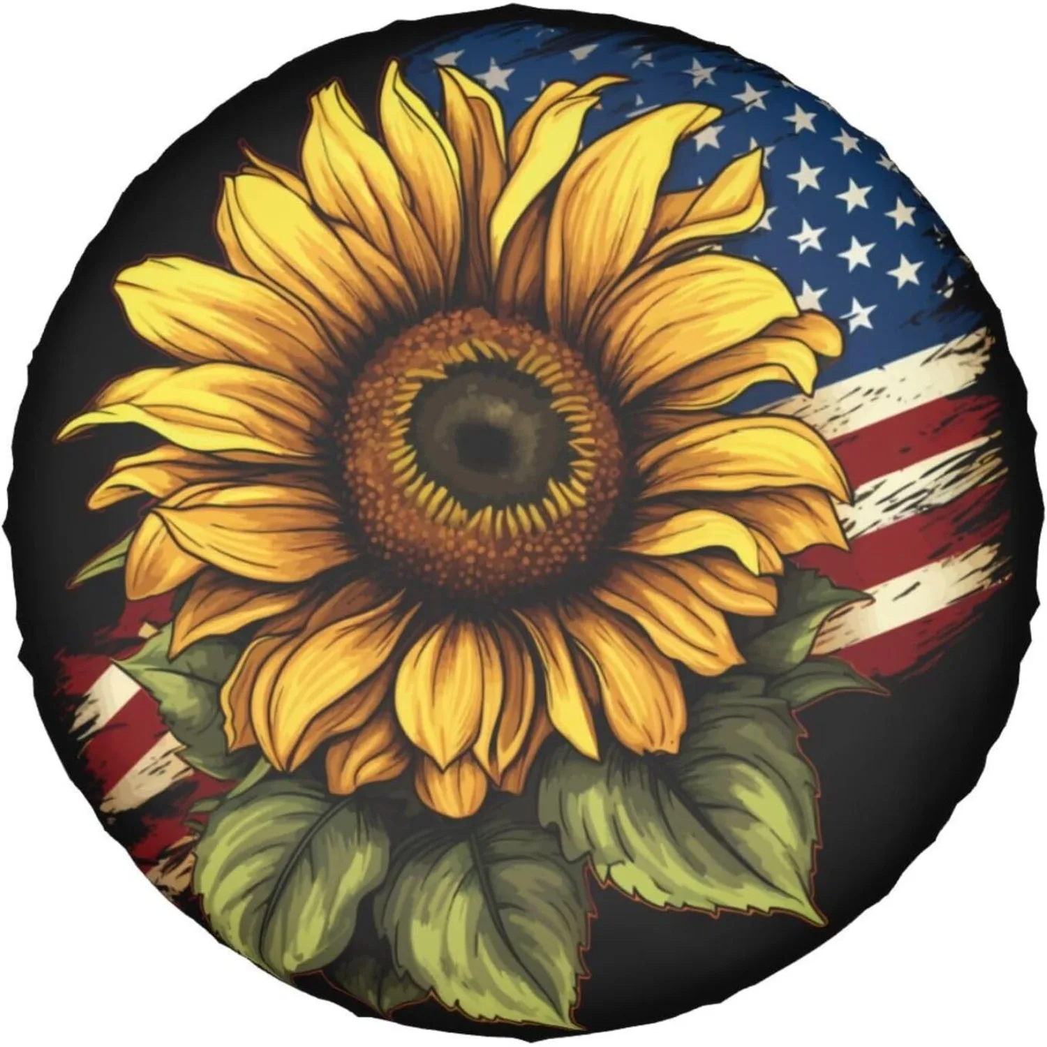 Una funda de repuesto para neumáticos con diseño de girasol, adecuada para varios vehículos, incluidos vehículos recreativos, remolques de camping y SUV.